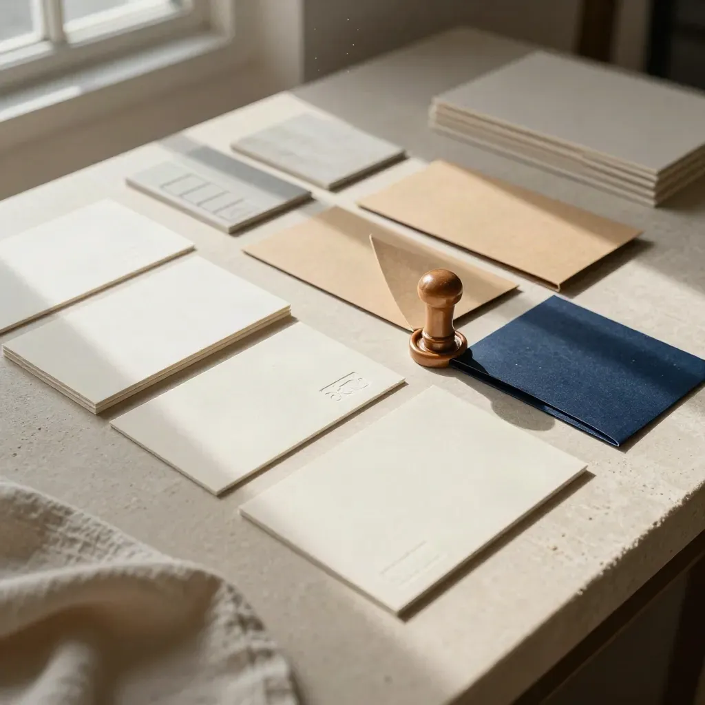 Board identità di marca con card, tile in rilievo, sleeve piegata e sigillo su pietra chiara.