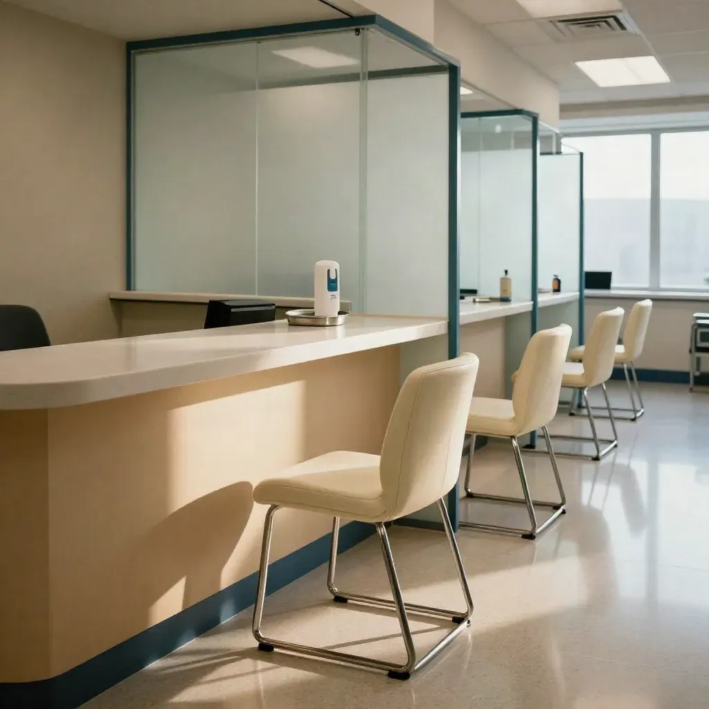 Reception di clinica privata con sedie allineate, vetro satinato e banco pronto all’apertura.