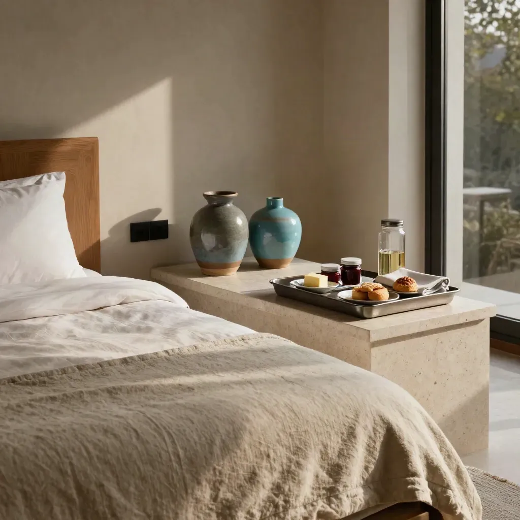 Suite boutique hotel con letto rifatto, vassoio colazione e ceramiche artigianali.