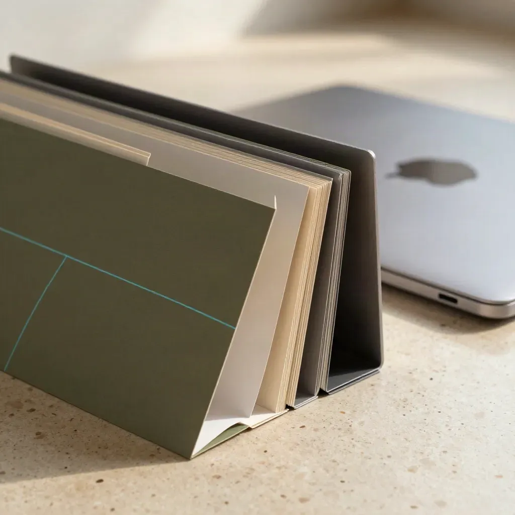 Moduli cartacei modulari accanto a un laptop chiuso su travertino, con luce laterale e riflesso ciano.