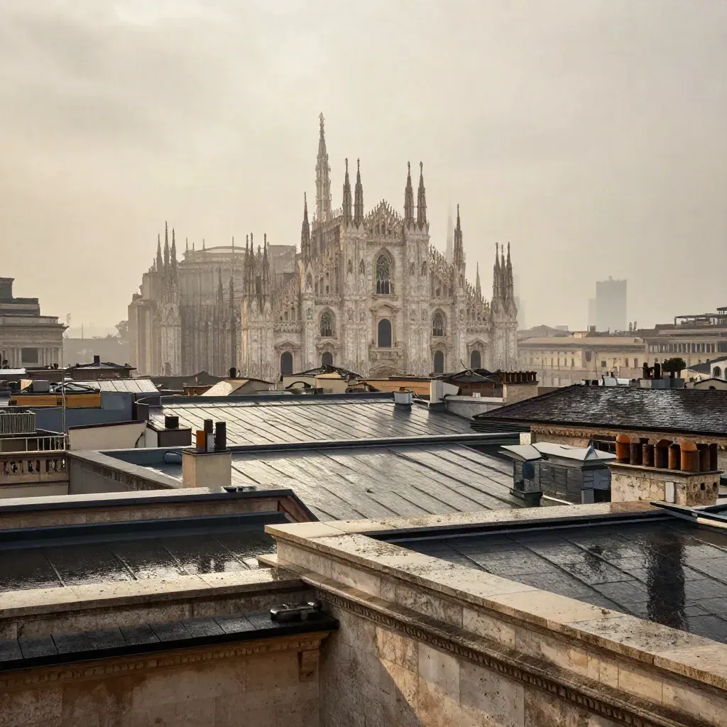 Duomo di Milano sopra tetti bagnati e nebbia, vista ampia con spazio calmo per testo