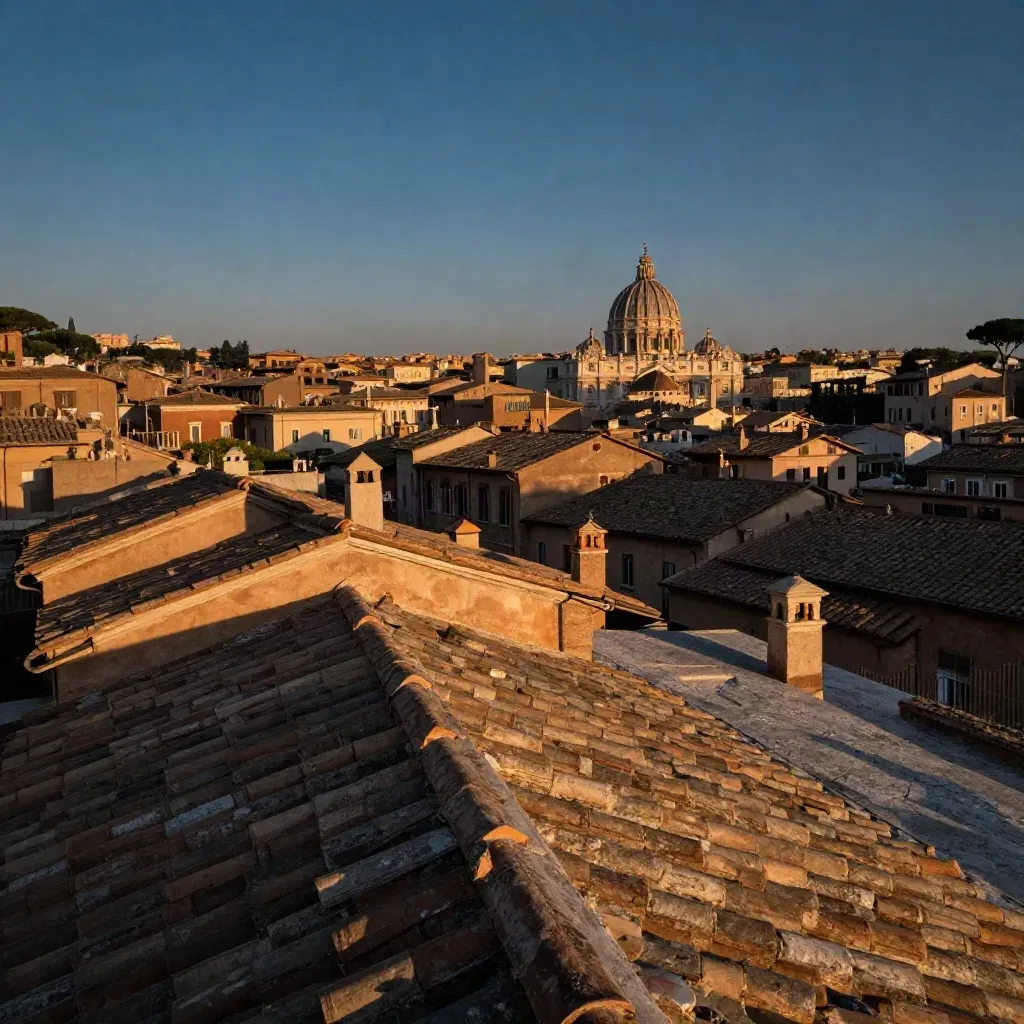 Roma all’alba con tetti in terracotta, cupole lontane e luce dorata su terrazza silenziosa