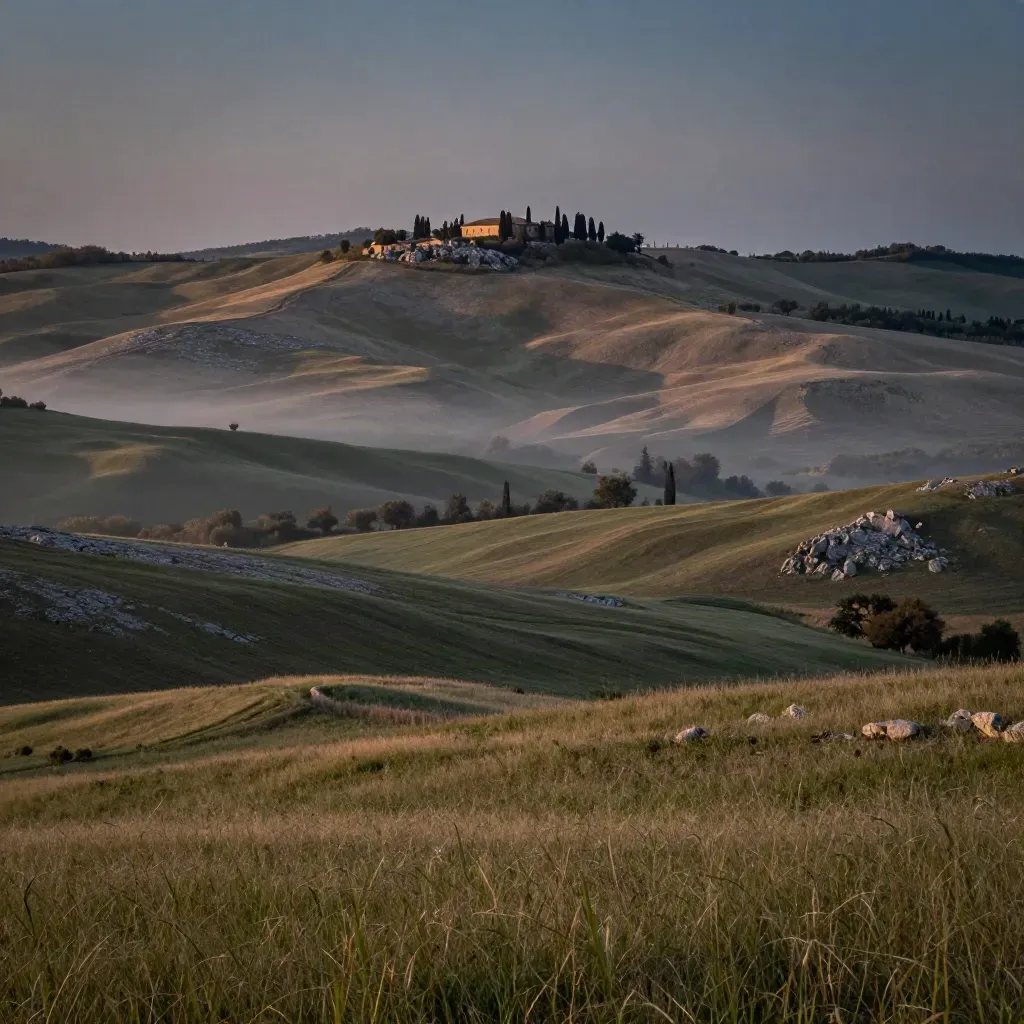 Colline dell’Appennino vicino a Bologna al crepuscolo, con foschia estiva e prato aperto.